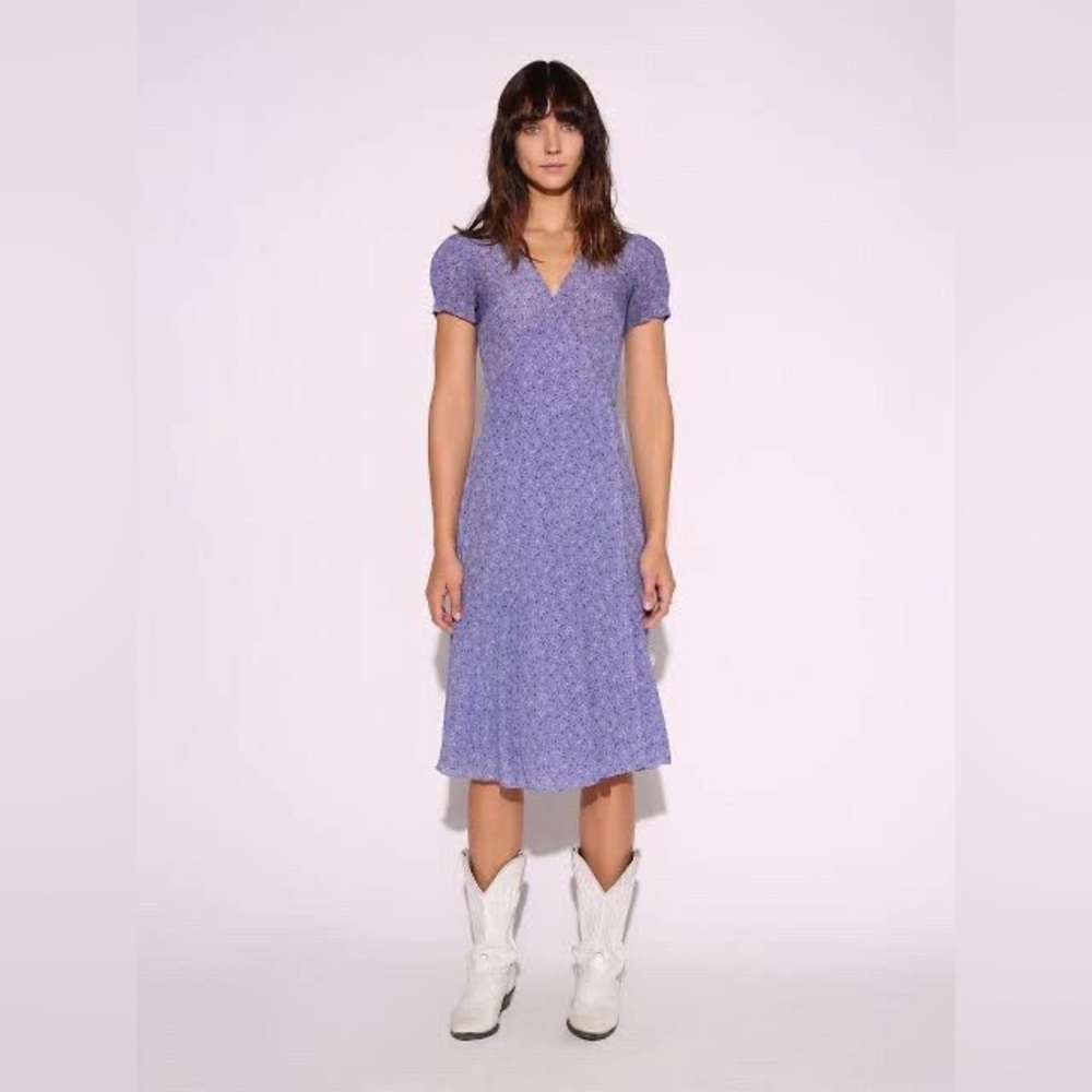 Realisation Par Teale Floral Silk Short Sleeve Tie Waist Wrap Midi Dress Purple - Picture 12 of 12